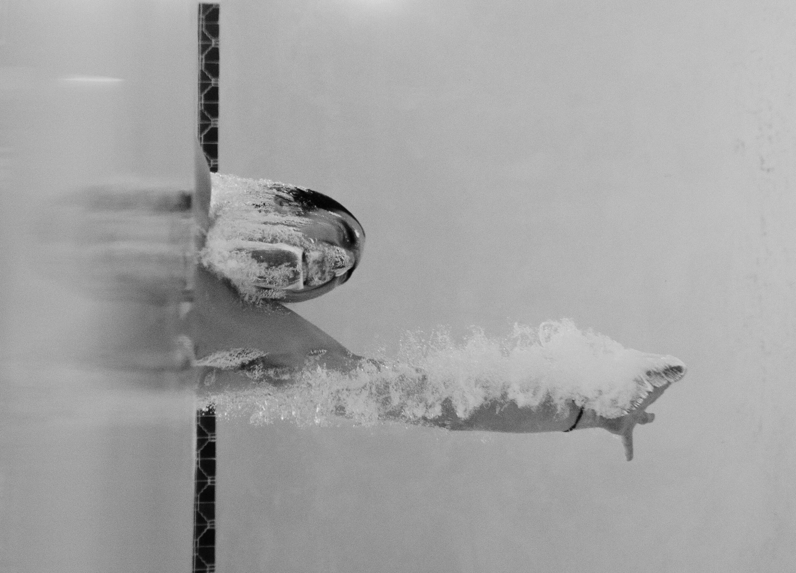 Monochrome photo of a swimmer diving underwater, showcasing motion and strength.