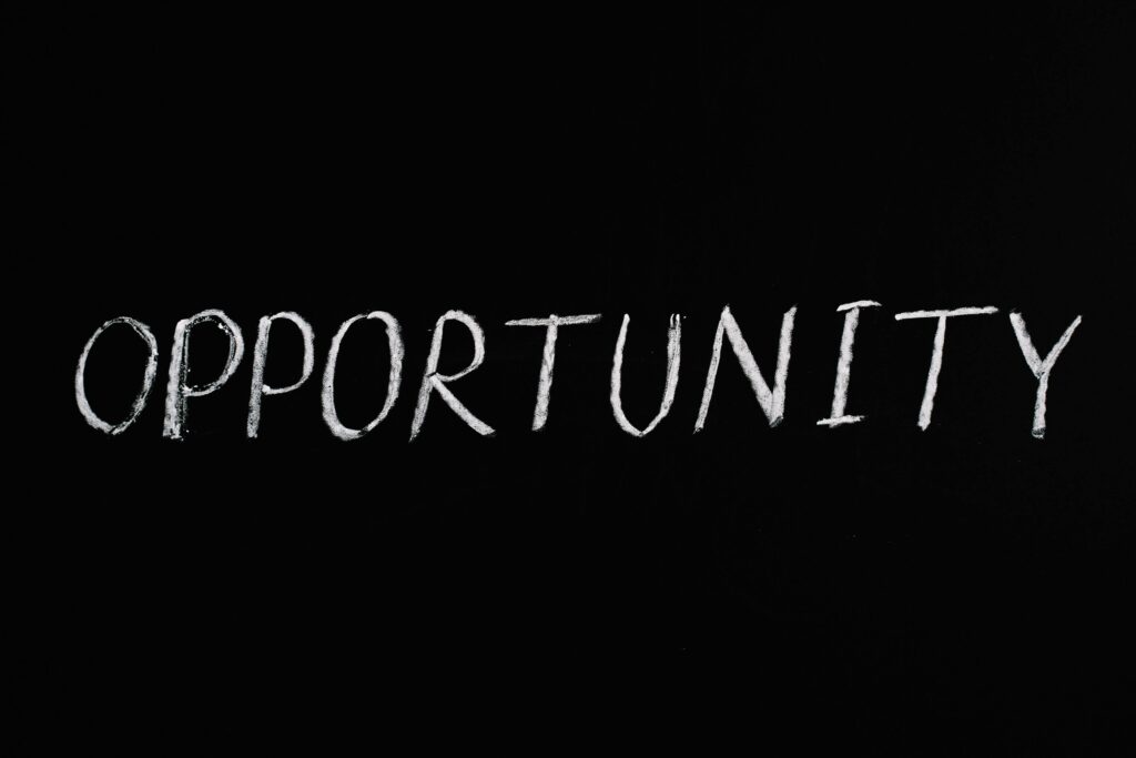 Word 'Opportunity' written in chalk on a black chalkboard, symbolizing new possibilities.